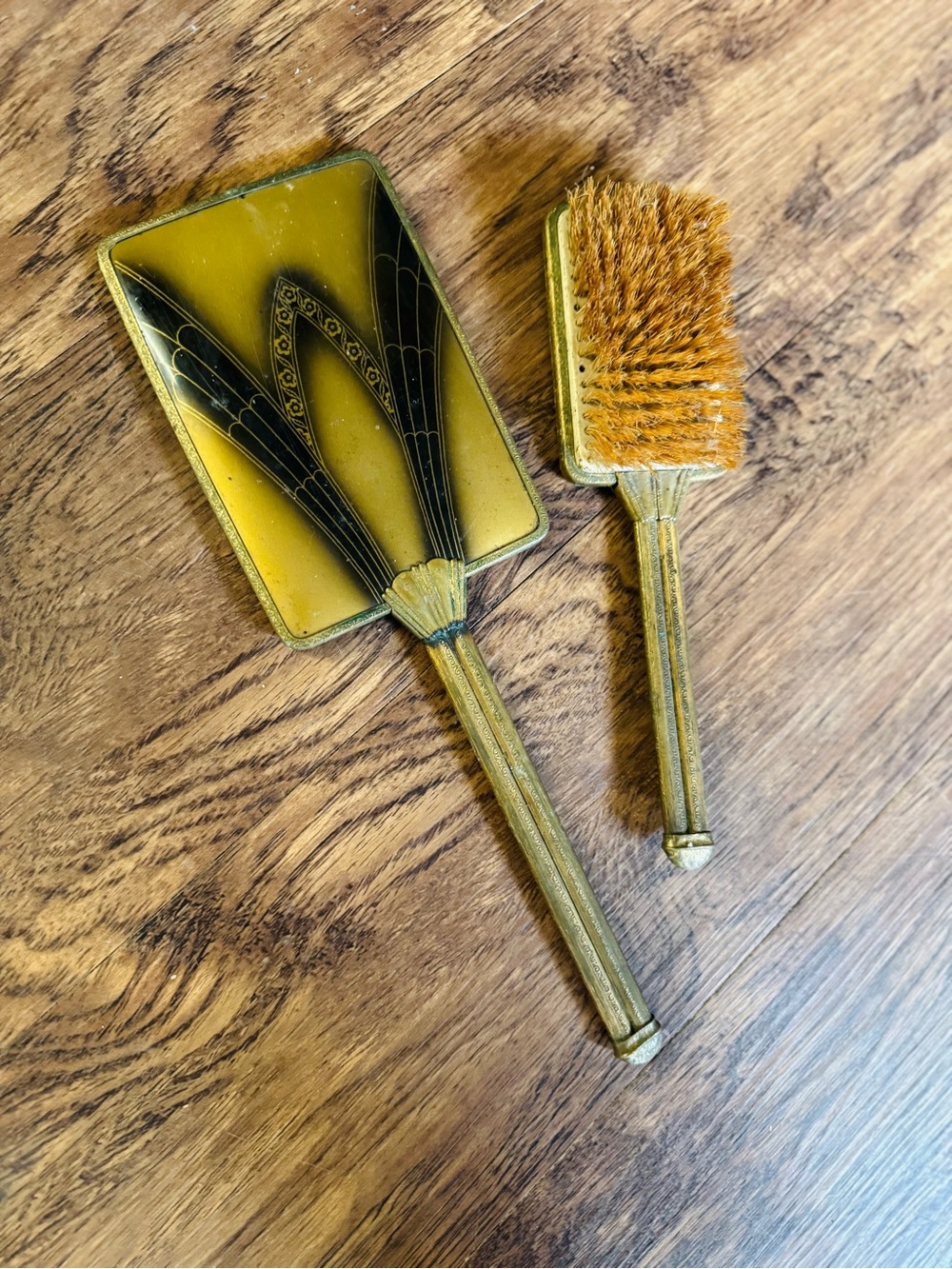 1920s Vintage Vanity Hand Mirror & Brush Set in Mustard Yellow and Gold